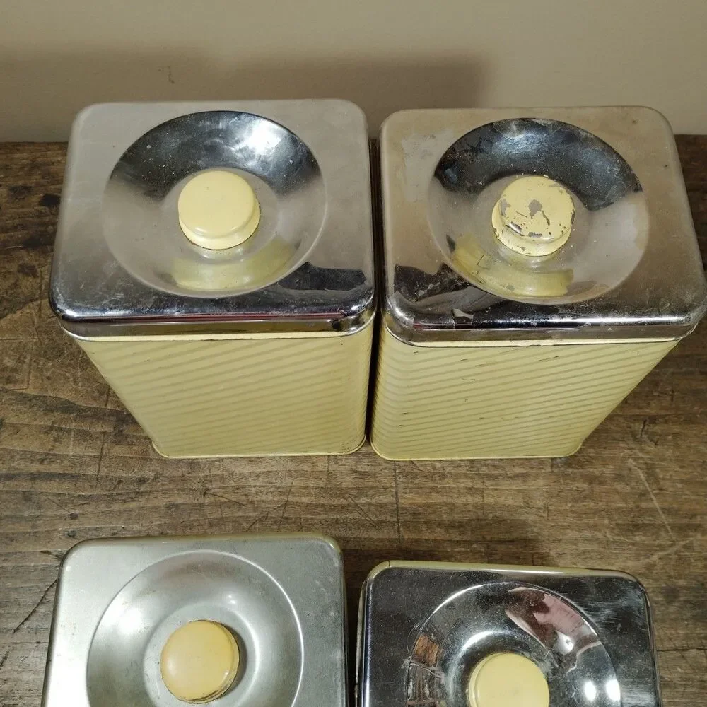 Vintage Lincoln Beautyware Metal Pale Yellow & Chrome Canisters Set 4 Kitchen